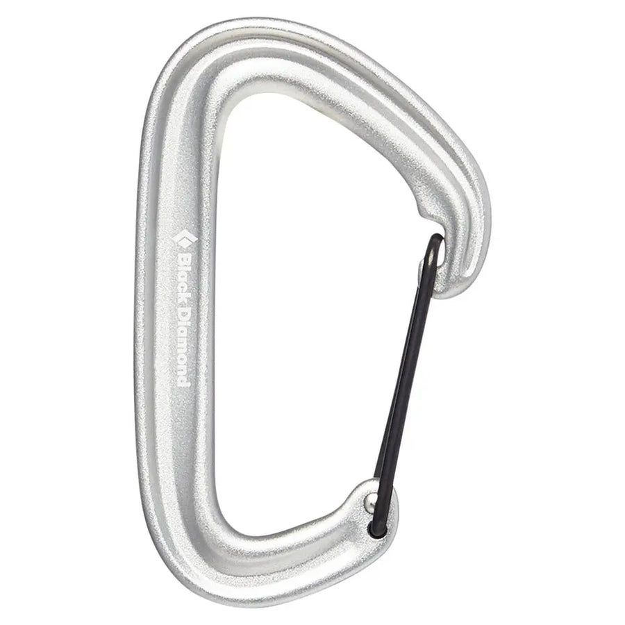 The Black Diamond Litewire Carabiner is a silver, hot-forged wiregate carabiner with a black gate, designed for trad climbing or outdoor use, shown isolated on a white background.