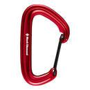 A red Black Diamond Litewire Carabiner with hot-forged construction is shown against a white background. The Black Diamond logo is printed on the side, making it ideal for trad climbing.