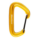A yellow Black Diamond Litewire Carabiner, featuring hot-forged construction and designed for trad climbing, is shown against a white background.