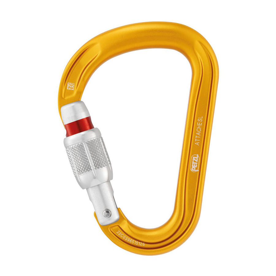 Petzl ATTACHE screwlock HMS carabner on a white background with lock open.