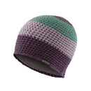 A Flash Beanie by Mountain Equipment featuring a chunky knit with horizontal stripes of dark purple, light purple, and teal, finished with a gray fleece lining.