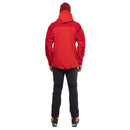 A person stands facing away against a plain white background, wearing the Mountain Equipment Mens Lhotse GTX Pro Jacket in red, black pants, and colorful hiking boots. This jacket provides waterproof, breathable protection from the elements.