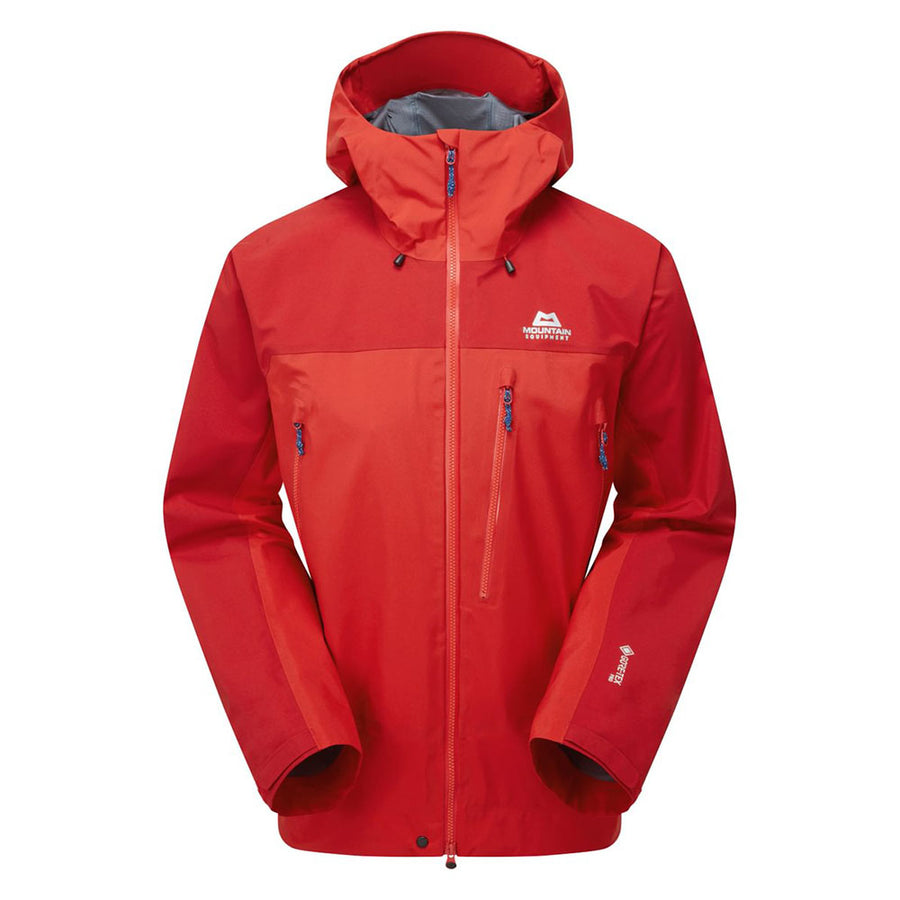 Mens Lhotse GTX Pro Jacket by Mountain Equipment: a bright red GORE-TEX Pro waterproof jacket with hood, multiple zippered pockets, and chest logo, shown on white—delivering unbeatable breathable protection for outdoor adventures.