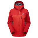 A red hooded outdoor jacket with a full front zipper, zippered chest pocket, and a small white Mountaineering logo on the left chest, shown against a plain white background.