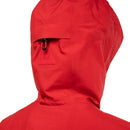 Close-up back view of a red hooded jacket with a zippered pocket and a small embroidered mountain logo patch on the back of the hood.