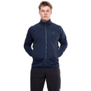 A person stands facing forward, wearing the Mountain Equipment Men’s Jorasses Lite Fleece Jacket in navy blue and black pants, with hands in the jacket pockets against a plain white background.