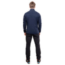 A man stands facing away from the camera, wearing a Mountain Equipment Men’s Jorasses Lite Fleece Jacket in navy, paired with dark pants and colorful sneakers, on a white background.