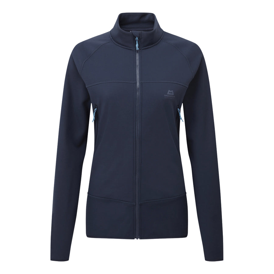 Dark blue Mountain Equipment Women’s Jorasses Lite Fleece Jacket with a high collar and two zippered pockets.