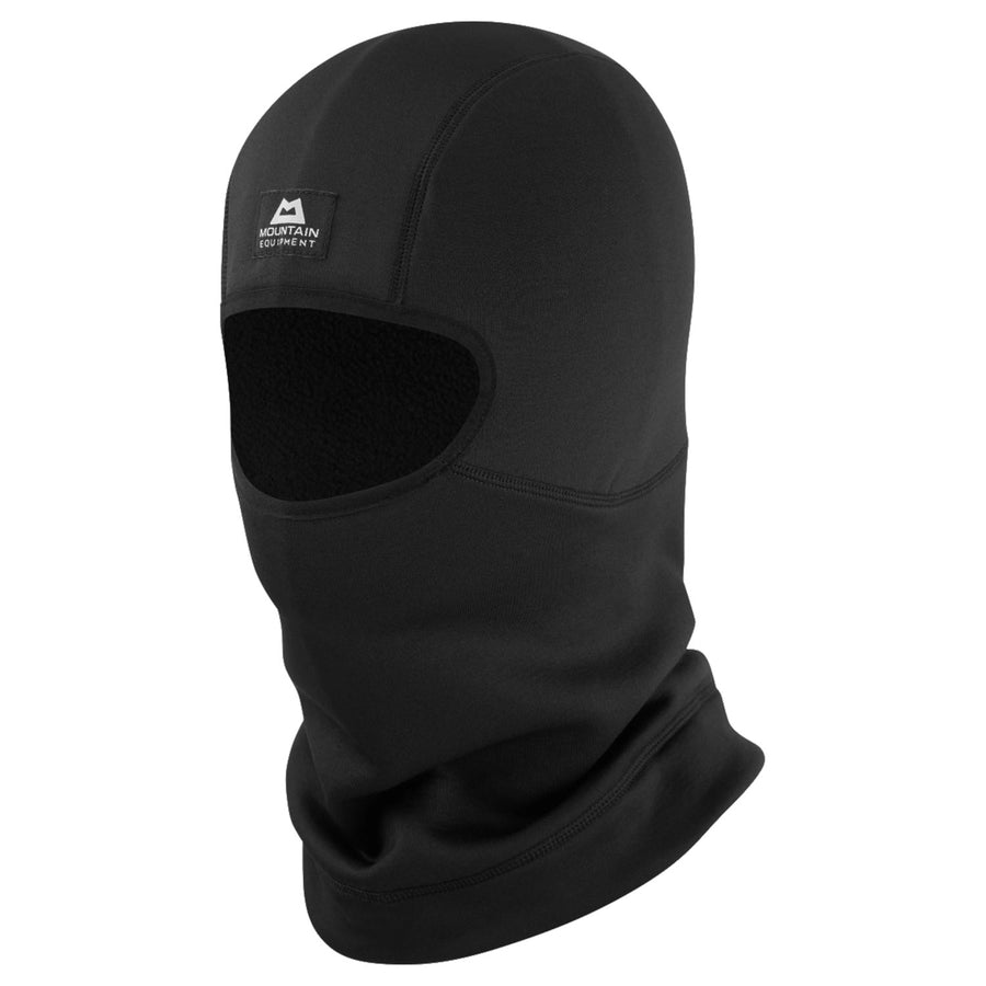 Black Mountain Equipment Stretch Fleece Balaclava with a face opening and a small rectangular logo patch on the forehead.