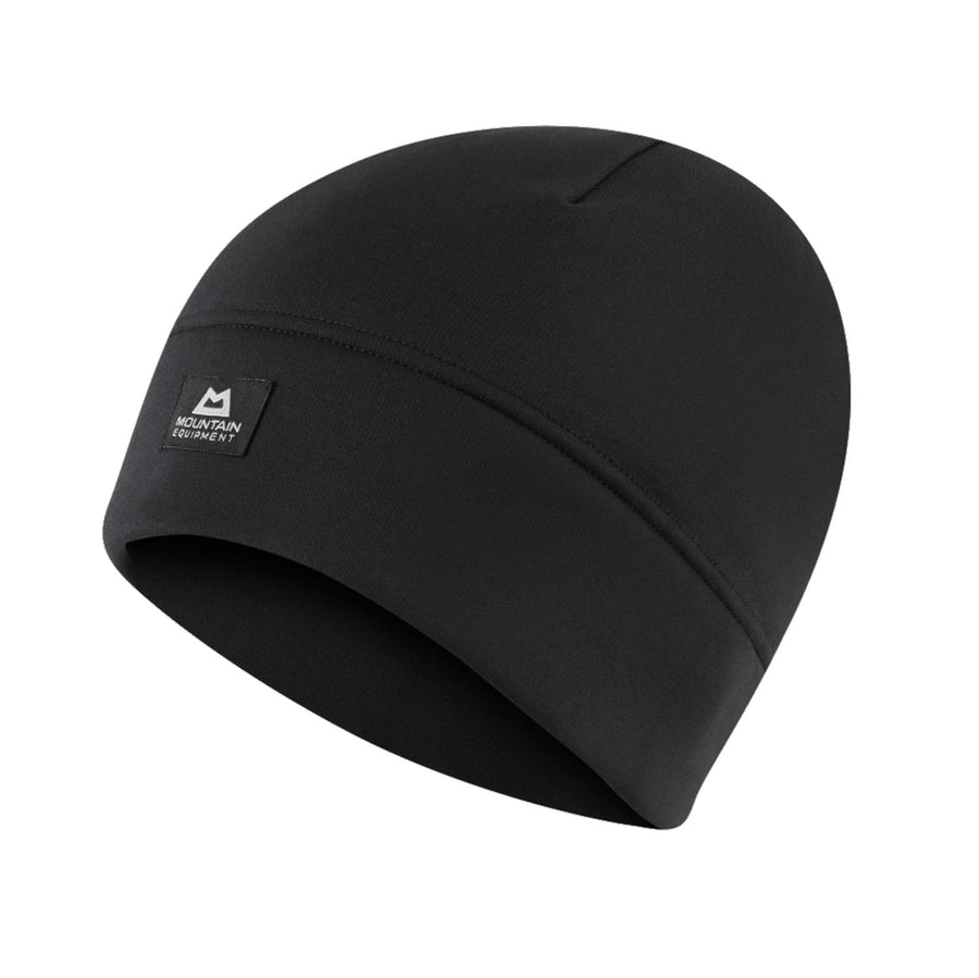 Black Mountain Equipment Stretch Fleece Beanie featuring a small rectangular logo patch on the front.