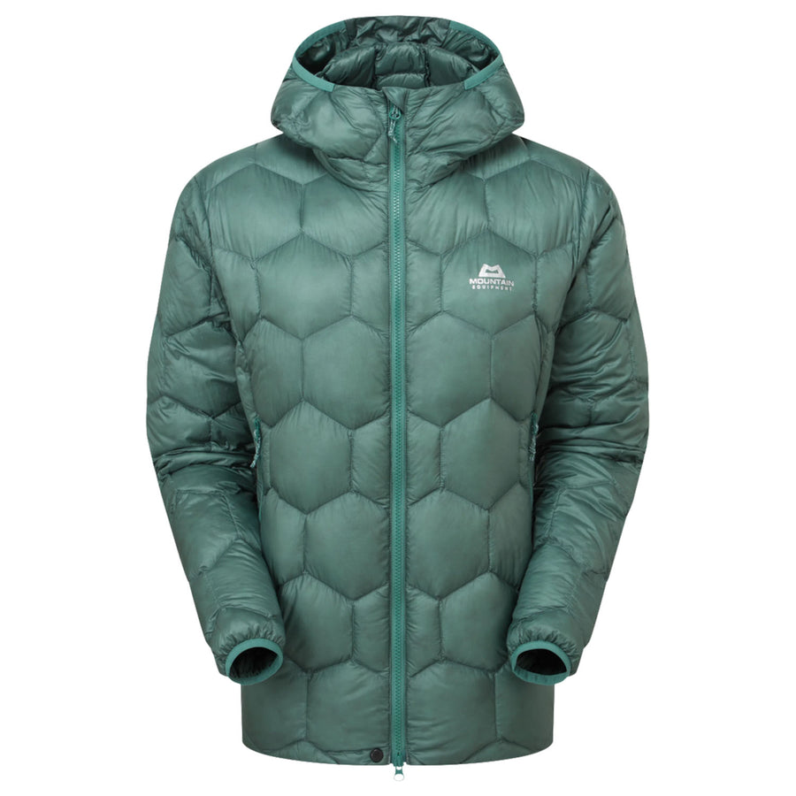 Dark green Women’s Xenith Hooded Down Jacket with a hexagonal quilted pattern, hood, and a full-length front zipper.