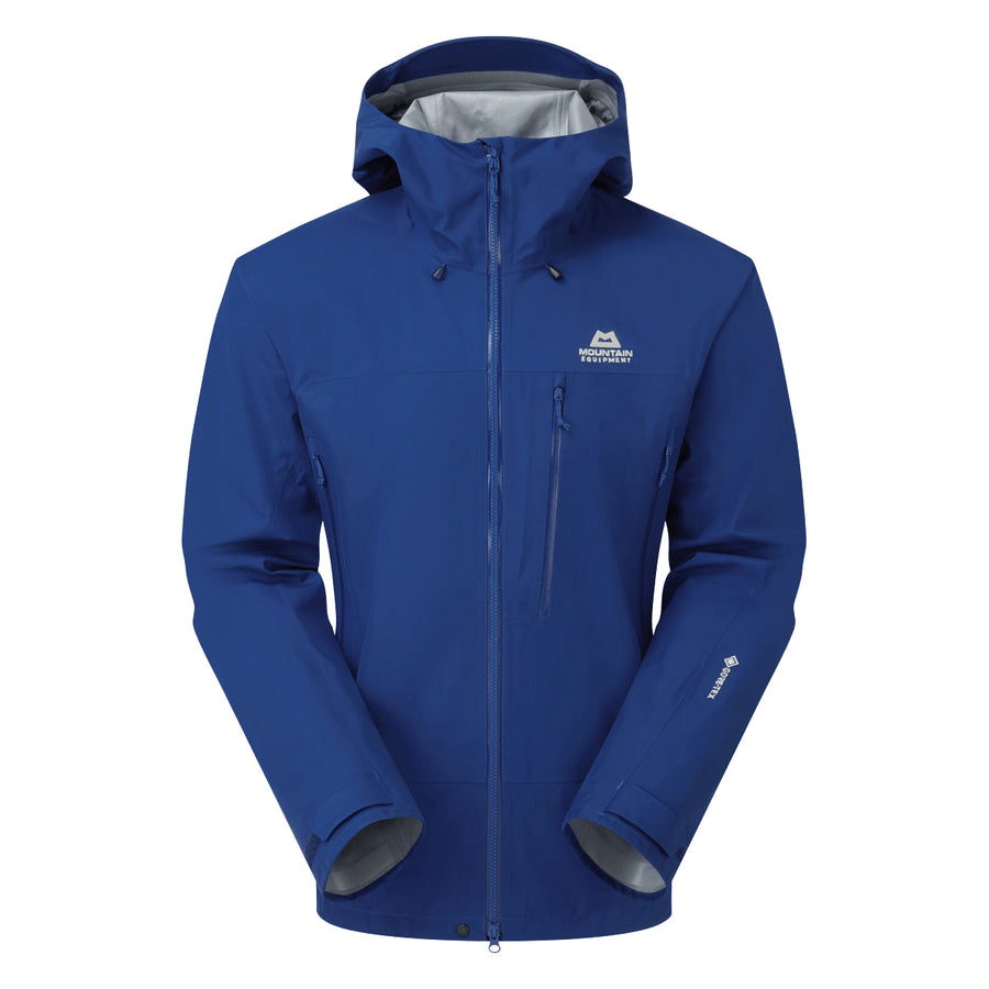 Blue Mountain Equipment Men’s Makalu GORE-TEX mountaineering jacket with a hood, central front zipper, chest pocket, and adjustable cuffs.