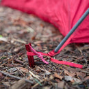 Red tent stake with rope on a ground covered with dry leaves and twigs