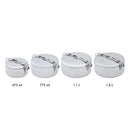 Four MSR Alpine StowAway Pots, crafted from sturdy stainless steel and featuring secure latch lids, are lined up from left to right in increasing sizes. These versatile containers serve as both reliable storage and durable cookware—ideal for use as camp cookware or convenient stainless steel pots. Each pot’s capacity is labeled below: 475 ml, 775 ml, 1.1 L, and 1.6 L.