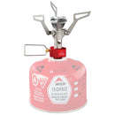 The MSR PocketRocket 2 Stove is a portable and compact camping stove that features a durable metal burner attached to a red and white MSR IsoPro fuel canister. Designed for ultralight backpacking, this stove has foldable arms and an adjustable flame valve, making it perfect for quickly boiling meals during your outdoor adventures.