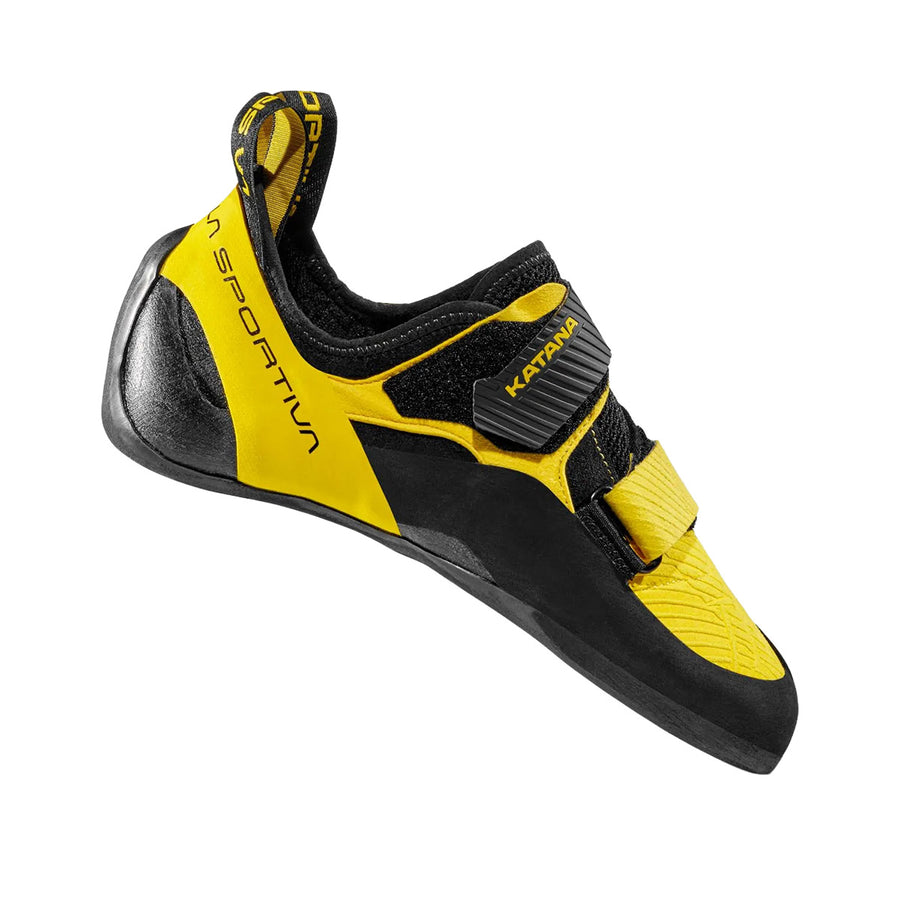 La Sportiva Men's Katana climbing shoe in black and yellow on a white background.