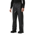 Person wearing black rain pants with a visible brand logo on a white background