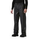 Person wearing black rain pants with a visible brand logo on a white background
