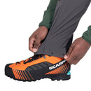 Men's Ibex Alpine Pant ankle gaiter and boot detail, Anvil Grey/Black