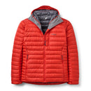 The Rab Mens Microlight Alpine Hoody is a bright red, quilted puffer jacket featuring a grey inner lining and hood, front zipper, two side zip pockets, and the Rab logo on the chest. This down jacket offers high-quality recycled down insulation for warmth and sustainability.