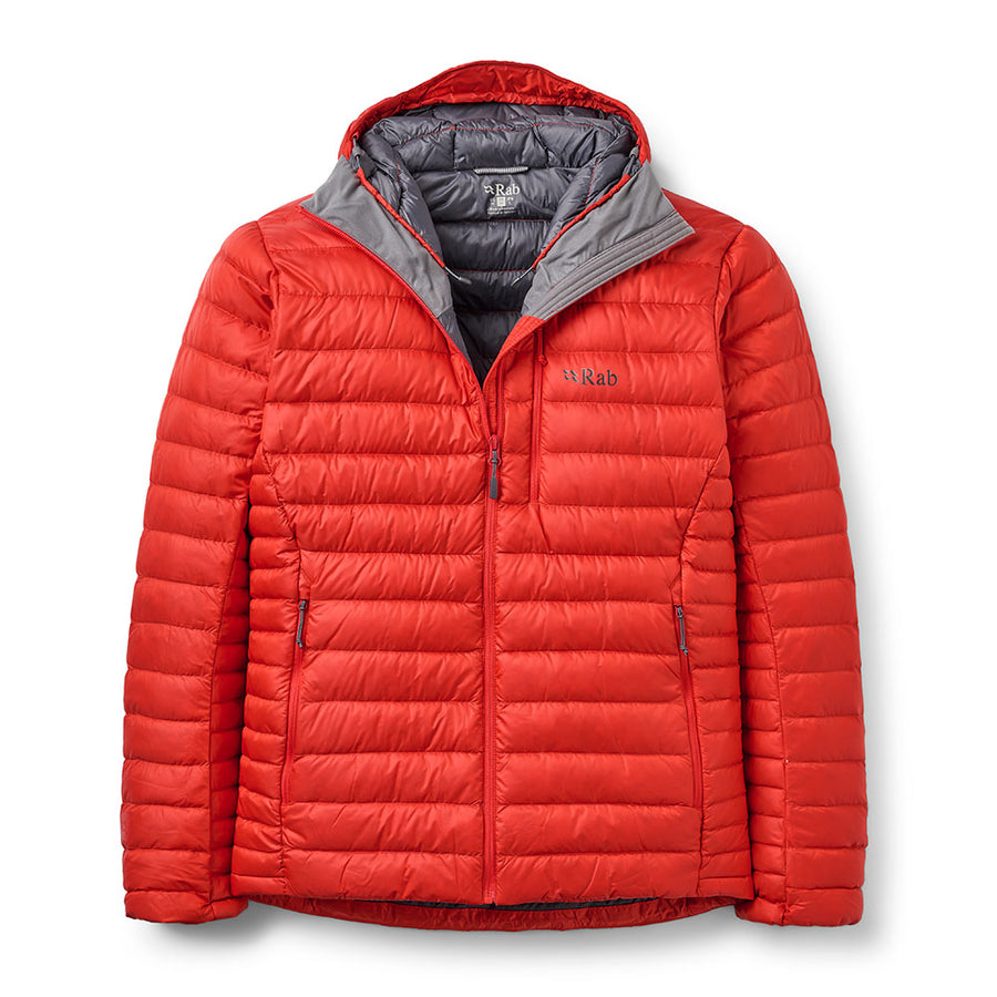 The Rab Mens Microlight Alpine Hoody is a bright red, quilted puffer jacket featuring a grey inner lining and hood, front zipper, two side zip pockets, and the Rab logo on the chest. This down jacket offers high-quality recycled down insulation for warmth and sustainability.
