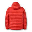 A bright red, quilted puffer jacket with a hood is shown from the back. The Rab Mens Microlight Alpine Hoody features horizontal stitching and a smooth, shiny finish, crafted from recycled down for sustainable warmth.