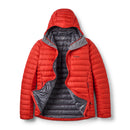 The Rab Mens Microlight Alpine Hoody is shown open on a white background, featuring a vibrant red color with a hood, gray interior lining, and zippered pockets. Filled with recycled down insulation, this jacket offers both warmth and sustainability in a stylish design.