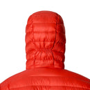 A person is photographed from behind against a plain white background, wearing the Rab Mens Microlight Alpine Hoody in bright red with the hood up.