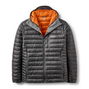 A Rab Mens Microlight Alpine Hoody down jacket in gray with an orange lining, front zipper, and zippered chest pocket is displayed flat on a white background.