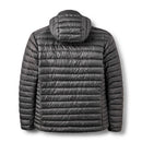 A dark gray Rab Mens Microlight Alpine Hoody is shown from the back, featuring horizontal stitching, a shiny finish, a hood, and responsibly sourced recycled down insulation.