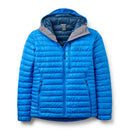 Blue Rab microlight alpine jacket with navy hood on a white background