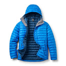 Blue MIcrolight alpine jacket zipped open with a hood on a white background
