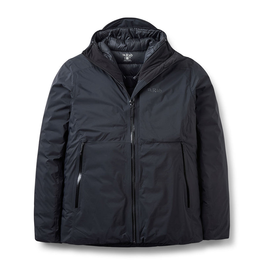 The Rab Mens Microlight Shield Waterproof Down Jacket, shown in black against a white background, features a hood, front zipper closure, and two zippered side pockets. Crafted with recycled down for warmth and sustainability, this jacket is designed to keep you comfortable in all conditions.