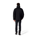 A person is standing facing away, wearing a black Rab Mens Microlight Shield Waterproof Down Jacket, paired with black pants and black shoes against a plain white background. This jacket features recycled down for warmth and sustainability.
