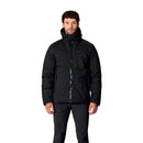A man stands facing forward against a plain white background, wearing the Rab Mens Microlight Shield Waterproof Down Jacket in sleek black, paired with matching black pants.