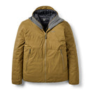 The Rab Mens Microlight Shield Waterproof Down Jacket is a brown insulated winter jacket with a gray inner hoodie, front zipper, two side zip pockets, and a small embroidered logo on the left chest. Made with recycled down for eco-friendly warmth, this jacket is shown against a white background.