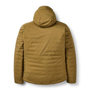 A Rab Mens Microlight Shield Waterproof Down Jacket in tan, featuring a hood and crafted with recycled down, is displayed from the back against a white background.