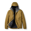 A brown Rab Mens Microlight Shield Waterproof Down Jacket with a black and gray inner lining, fully unzipped to display the interior. The jacket features two zippered side pockets and is laid flat on a white background.