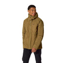 A smiling person wears the Rab Mens Microlight Shield Waterproof Down Jacket in brown—crafted with recycled down for warmth—and black pants, standing and looking to the side against a white background.