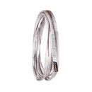 Coiled gray sling with a brand label on a white background
