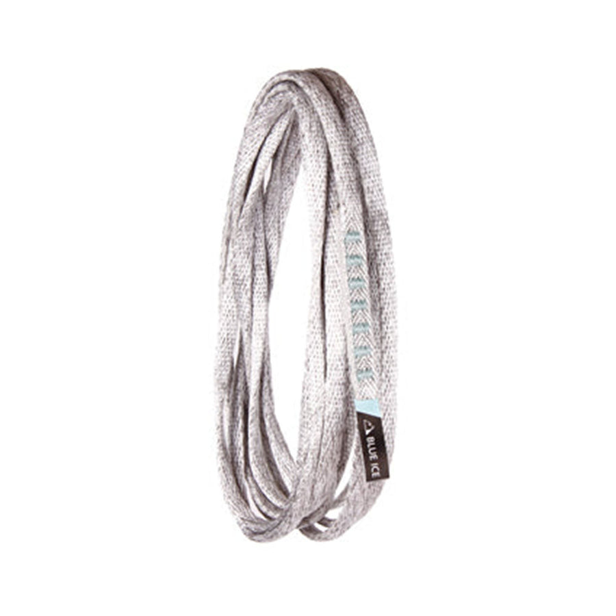 Coiled gray sling with a brand label on a white background