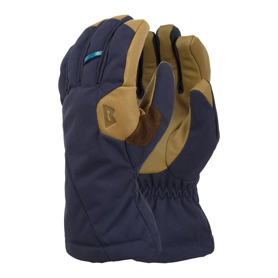 Pair of Mountain Equipment Womens GUde Glive in navy and brown on a white background