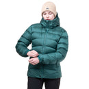 Model wearing green down jacket, adjusting hem