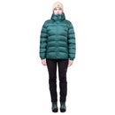 Model wearing green down jacket, front full body view
