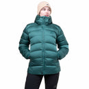 Model wearing green down jacket, hands in pockets