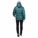 Model wearing green down jacket, rear full body view