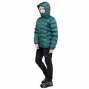Model wearing green down jacket, angled standing pose