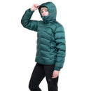 Model wearing green down jacket, side profile with hood