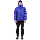 Model wearing blue down jacket, full body walking