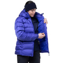 Model wearing blue down jacket, front zip detail